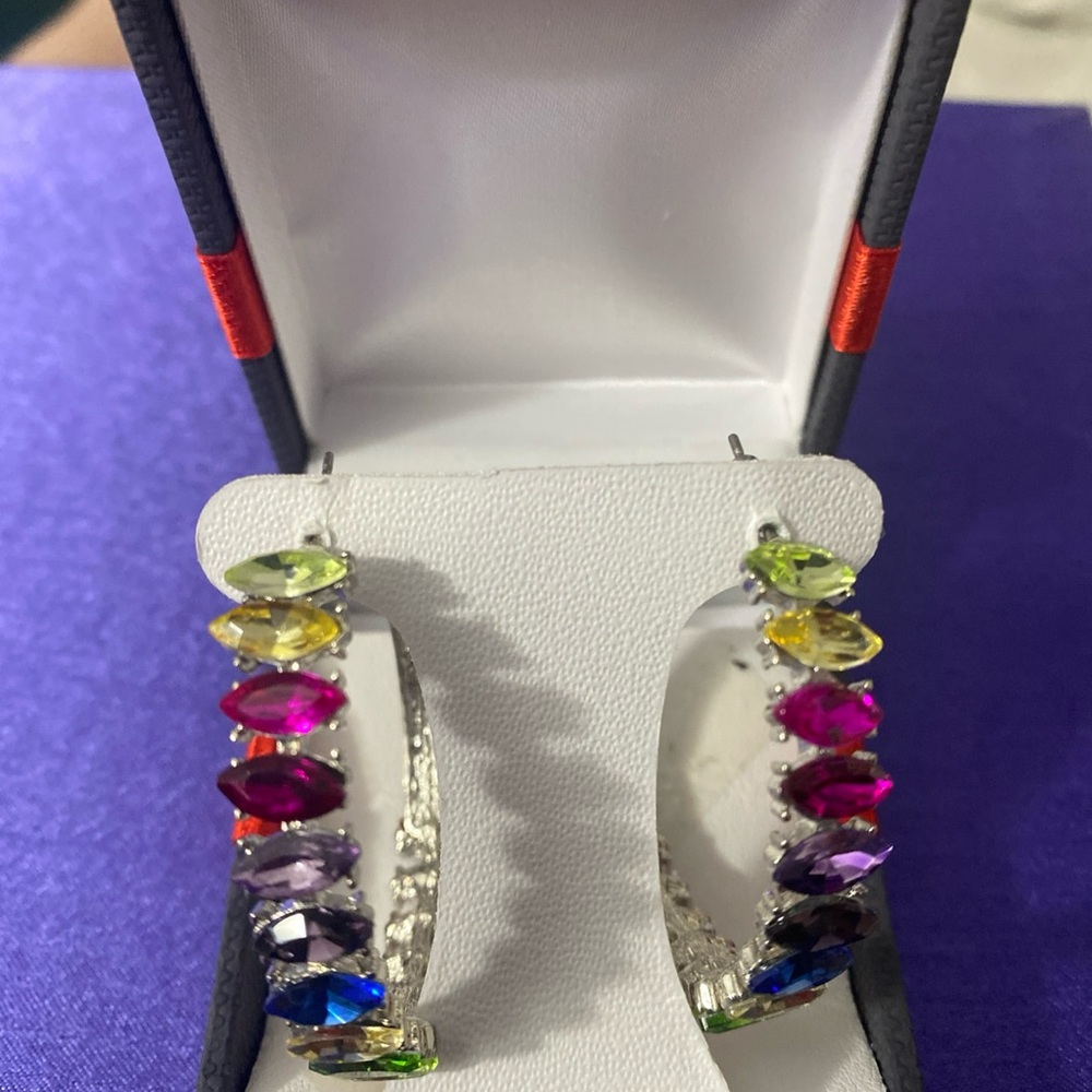 Sterling Silver Multicolor Gemstone Hoop Earrings
